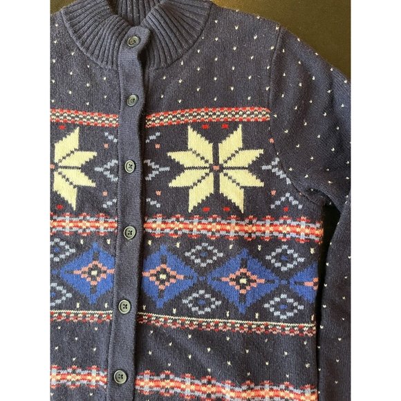 Lands End Cardigan Sweater Fair Isle Heavyweight Blue Button Up Cotton Winter S - Picture 5 of 13